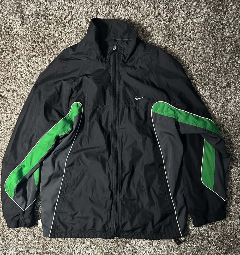 Y2K Nike Windbreaker Jacket Size L Black Green Gray Striped Zip Up